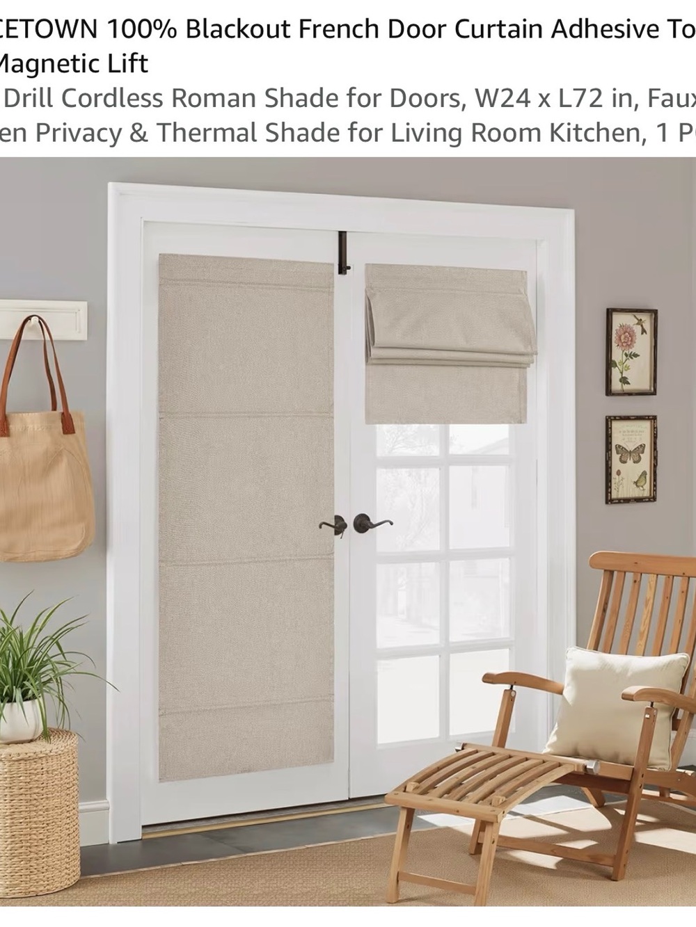 Hometown 100% blackout French doors Roman shades.